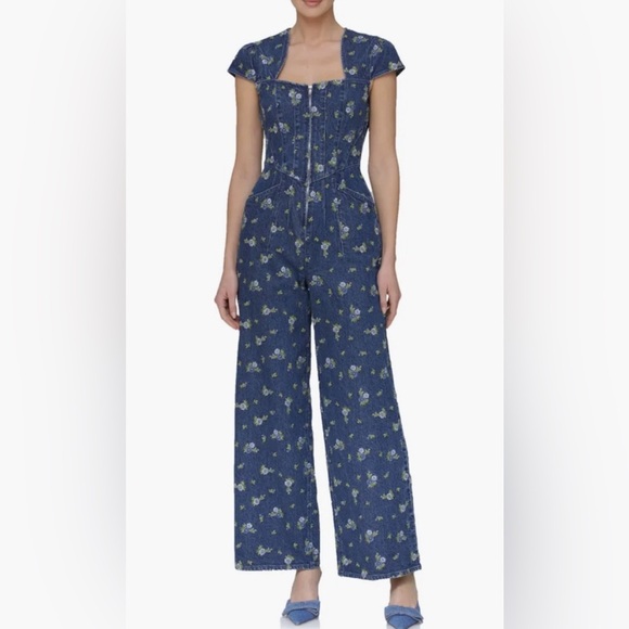 AVEC LES FILLES Floral Cap Sleeve Corset Wide Leg Denim Jumpsuit